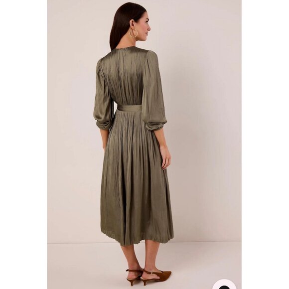 NWT Current Air Pleated Satin Dress - Avara Elsa Olive Maxi Dress - Picture 3 of 6